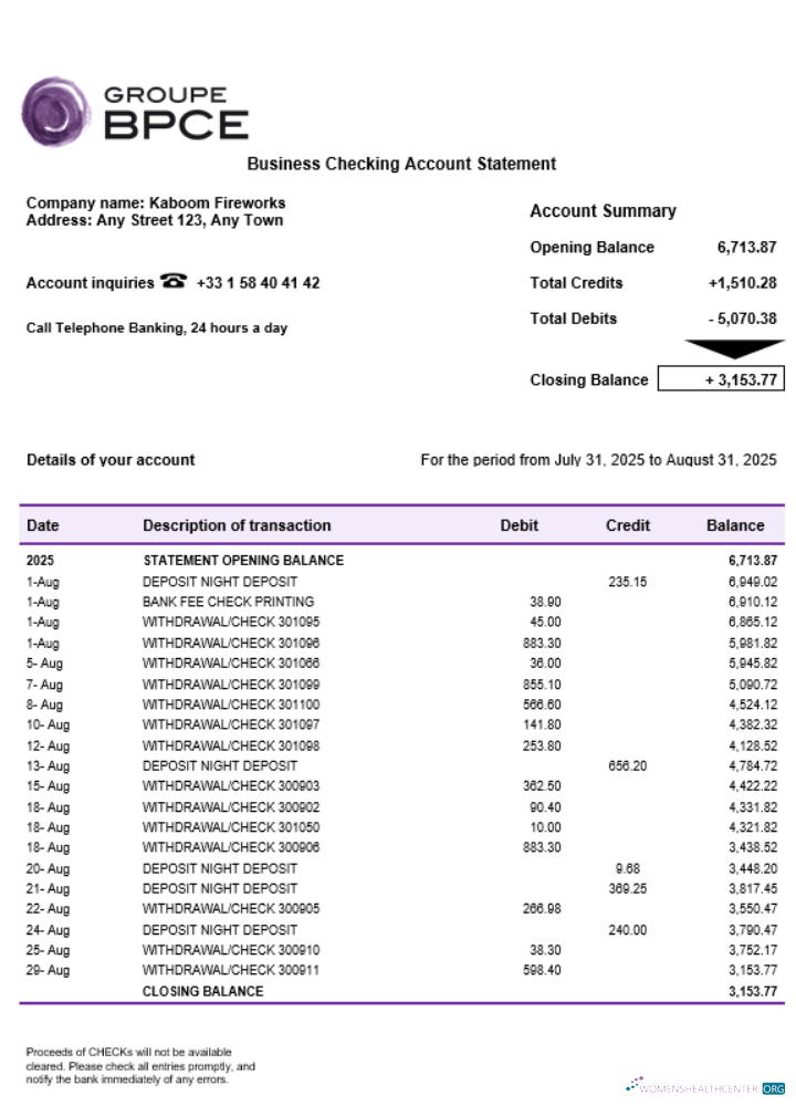 Download Groupe BPCE bank account business statement Word and PDF format Photoshop template